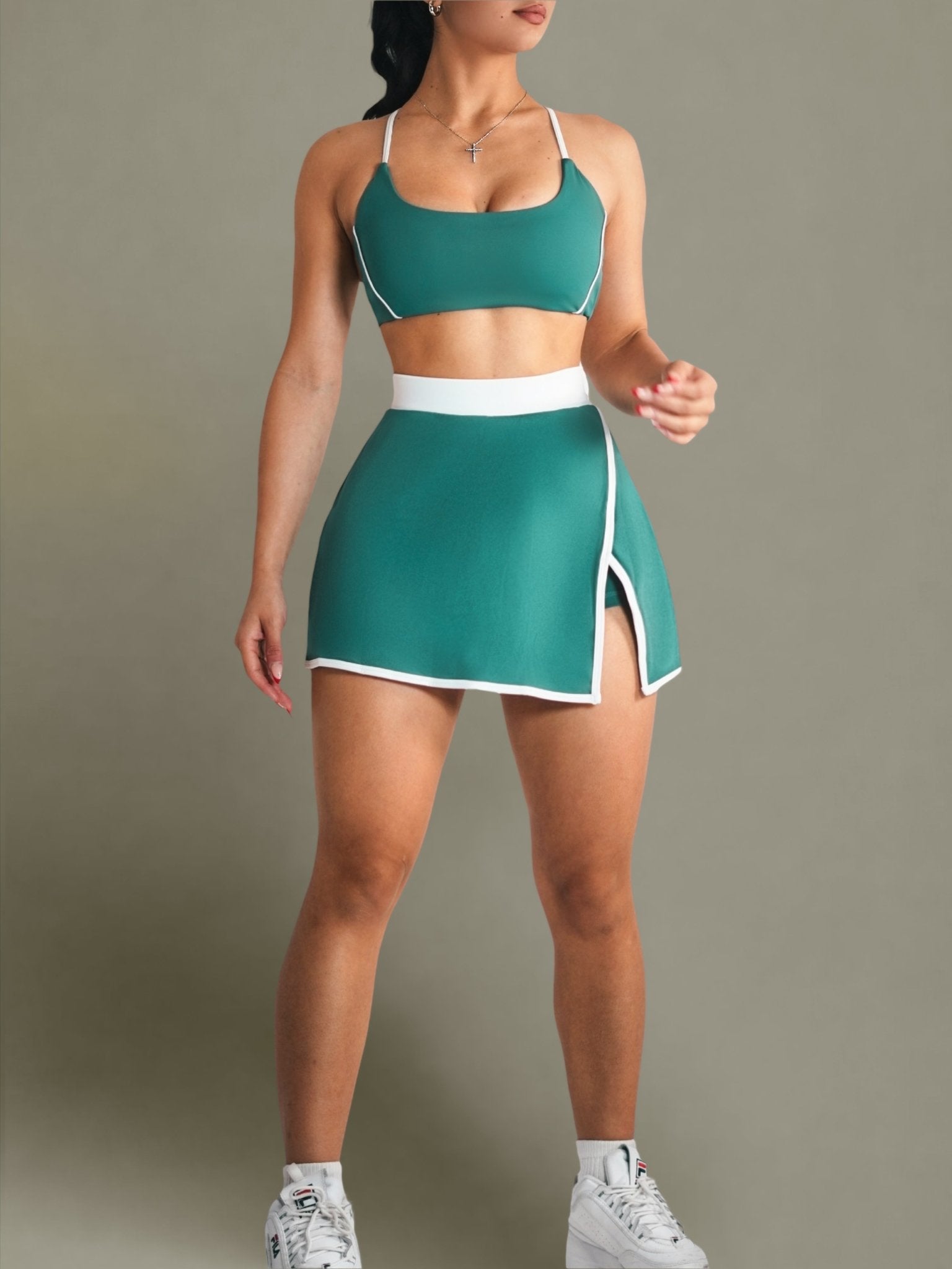 Velour Contrast Tennis Skirt (Emerald) - Fitness Fashioness