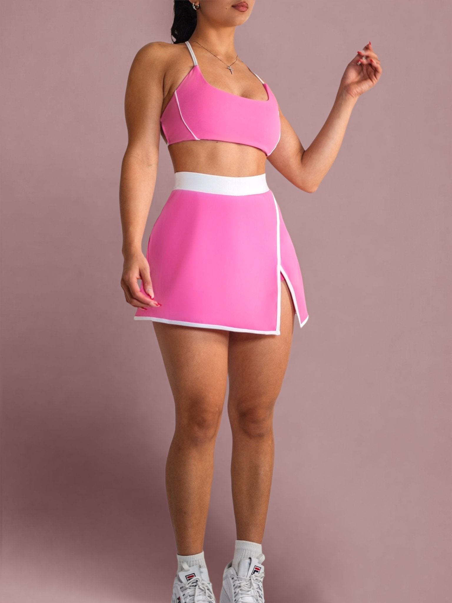 Velour Contrast Tennis Skirt (Pink Tulip) - Fitness Fashioness