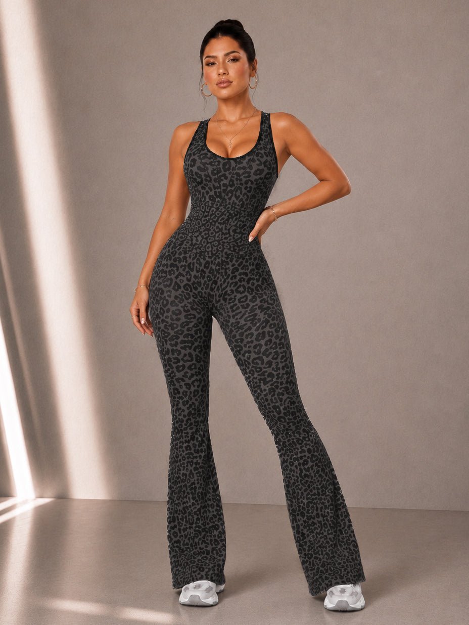 Vintage Leopard Flare Jumpsuit (Gray) - Fitness Fashioness