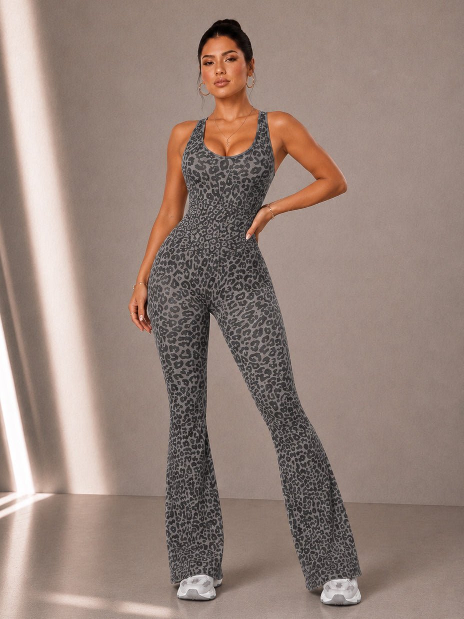 Vintage Leopard Flare Jumpsuit (Gray) - Fitness Fashioness