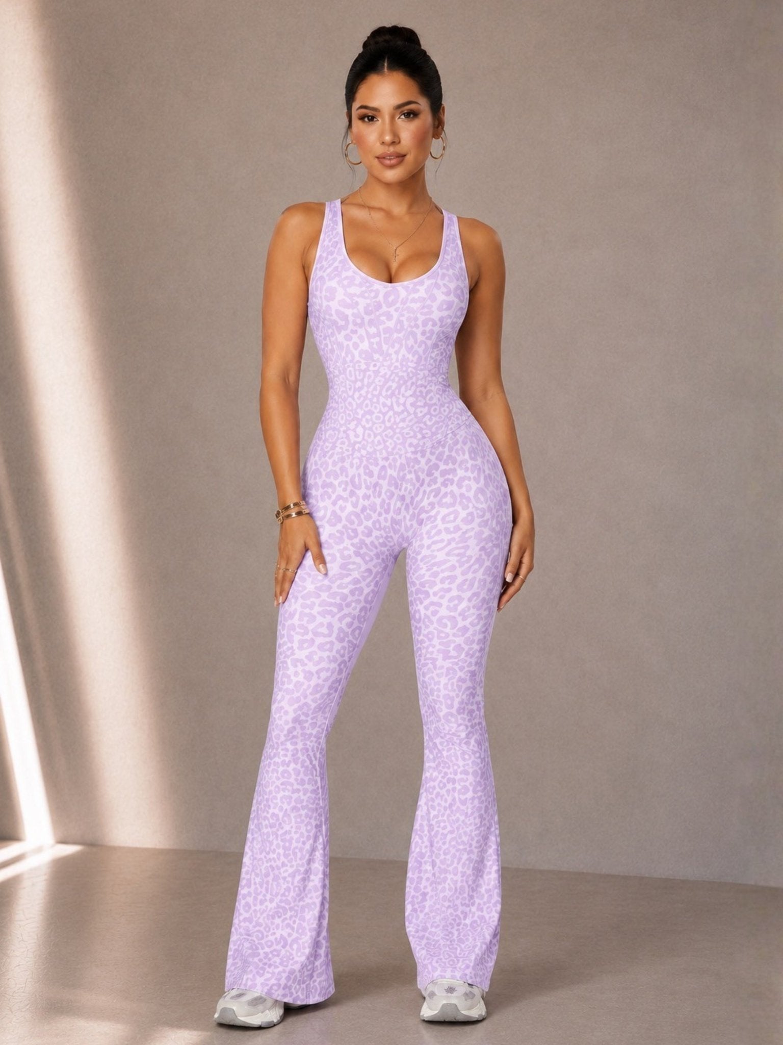 Vintage Leopard Flare Jumpsuit (Wild Lilac) - Fitness Fashioness