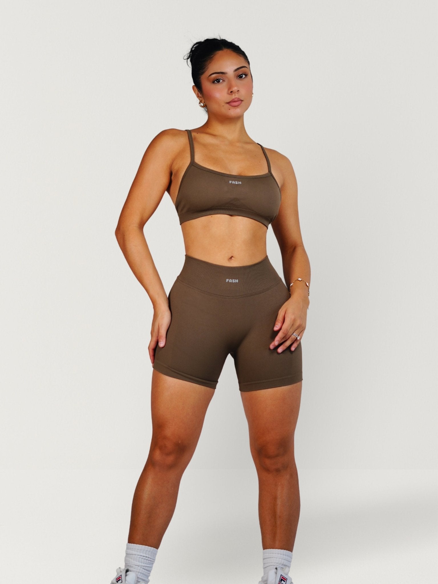 Viral Seamless V Back Shorts (Soft Brown) - Fitness Fashioness
